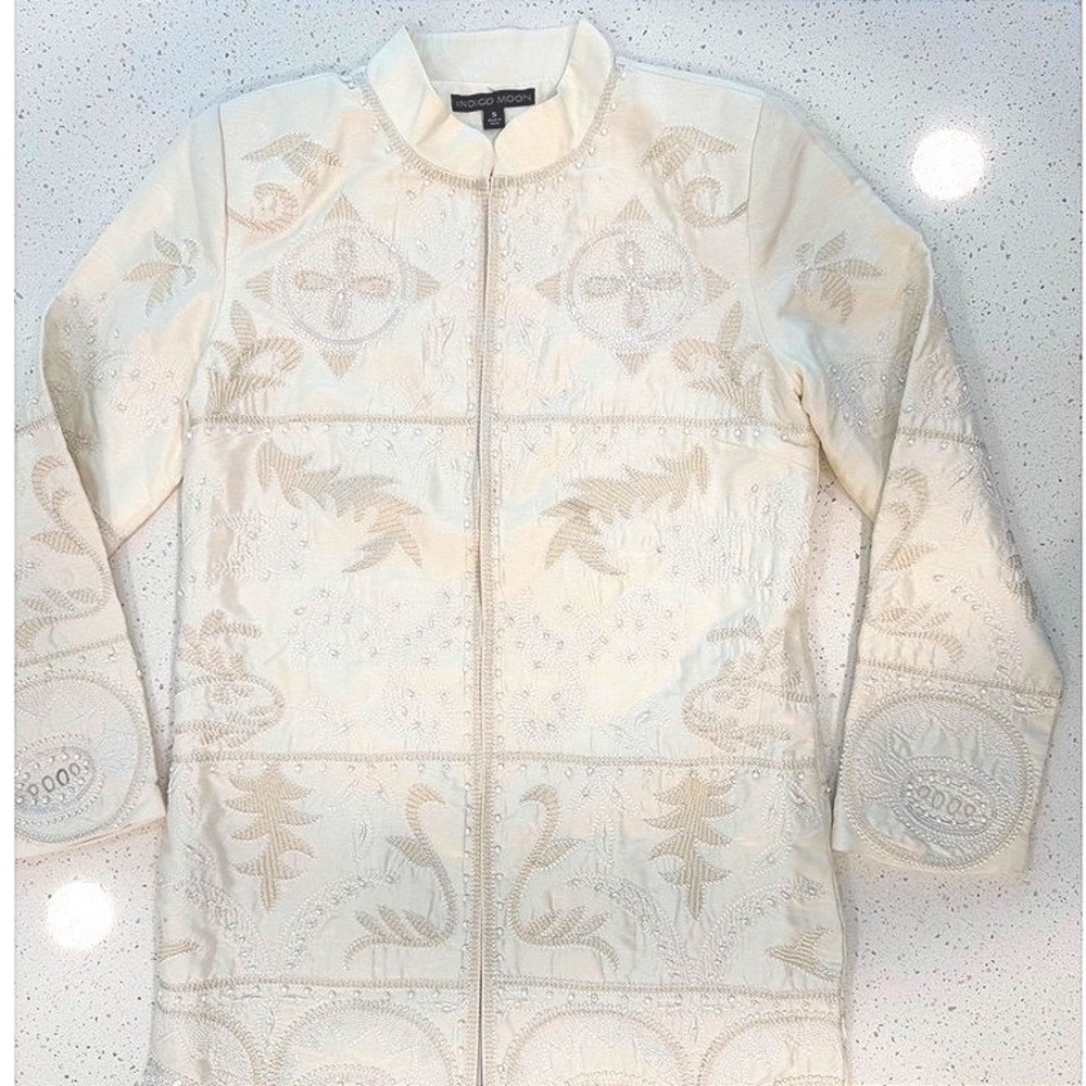 Rare‎ Vintage Indigo Moon Embroidered Beaded Jacket S Cream Boho Chic Elegant